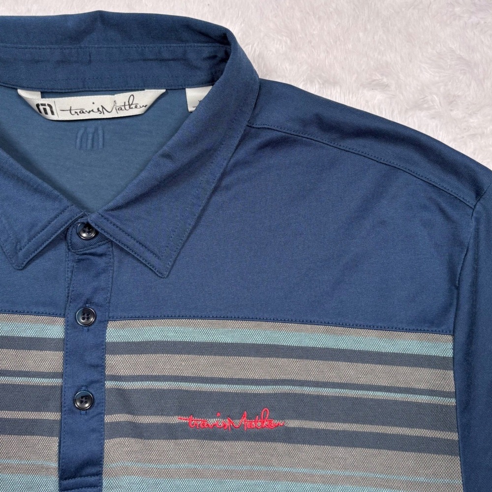 Travis Mathew Polo Shirt Men XL (FIT M) Blue Colorblock Stripe Short Sleeve Golf